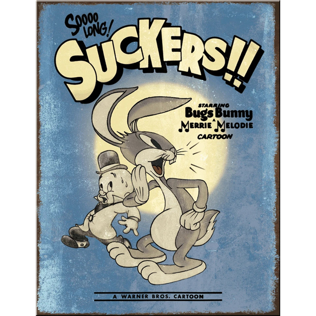 Tin Sign with a Printing of a Cartoon Poster Starring Bugs Bunny with Elmer Fudd