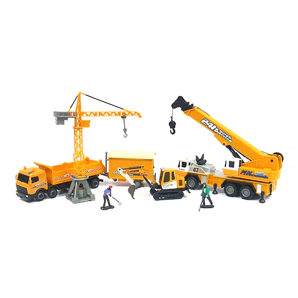 Toy construction vehicle set with cranes and trucks on a white background