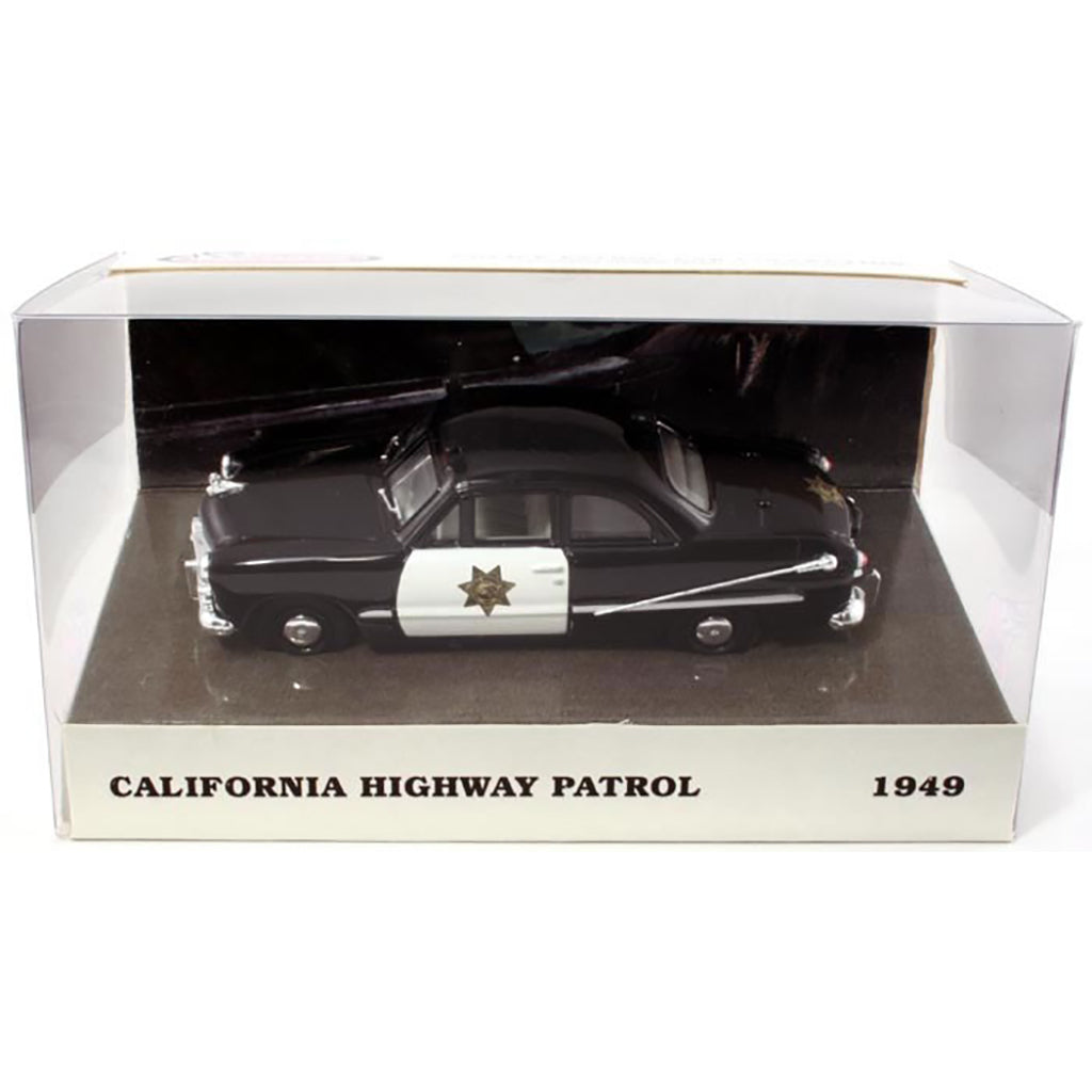 Model of a 1949 California Highway Patrol car in a clear box