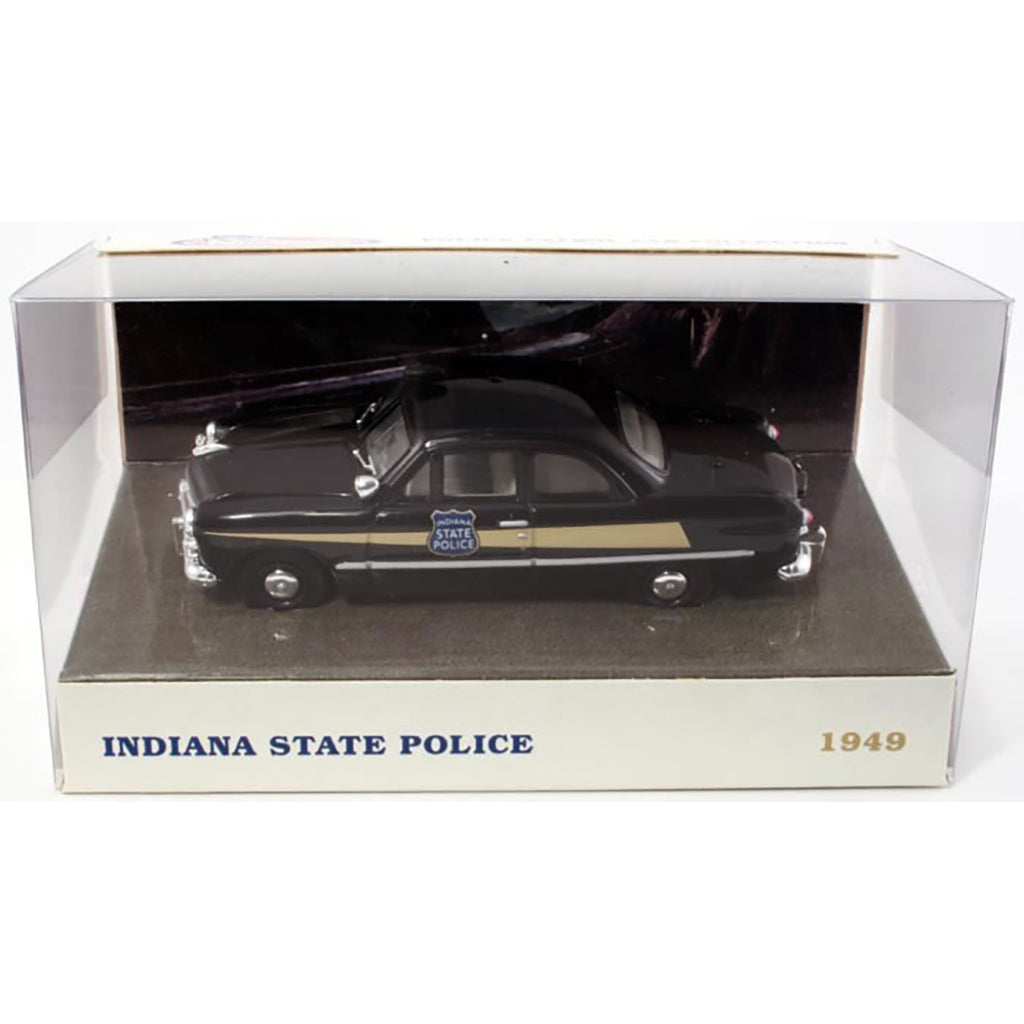 Model of an Indiana State Police car from 1949 in a display case.