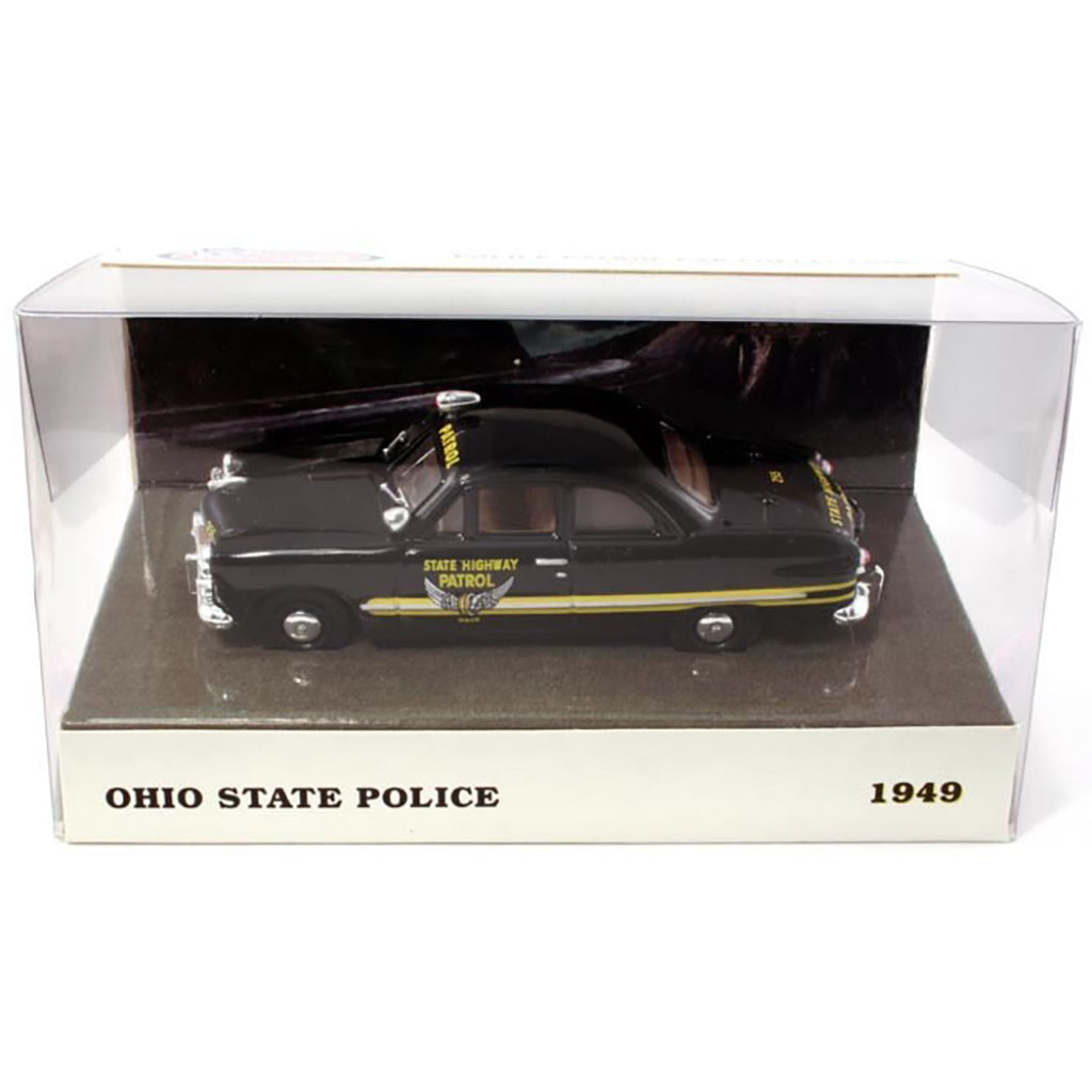 Model of a 1949 Ohio State Police car in a clear display case.