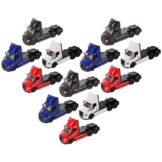 Collection of Freightliner eCascadia toy trucks in various colors on a white background