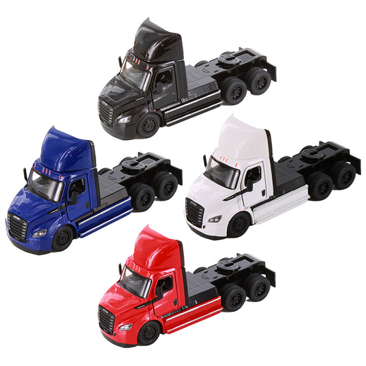 Four freightliner ecascadia toy trucks in black, blue, white, and red on a white background