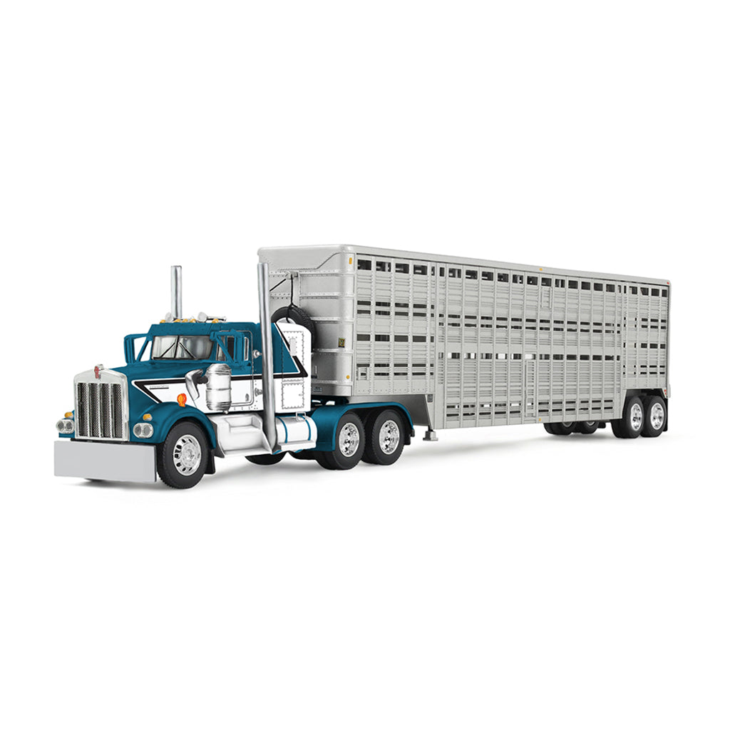 1:64th Scale Diecast Model of a Kenworth W900 A Model pulling a 45' WIlson Livestock Trailer on a White Background