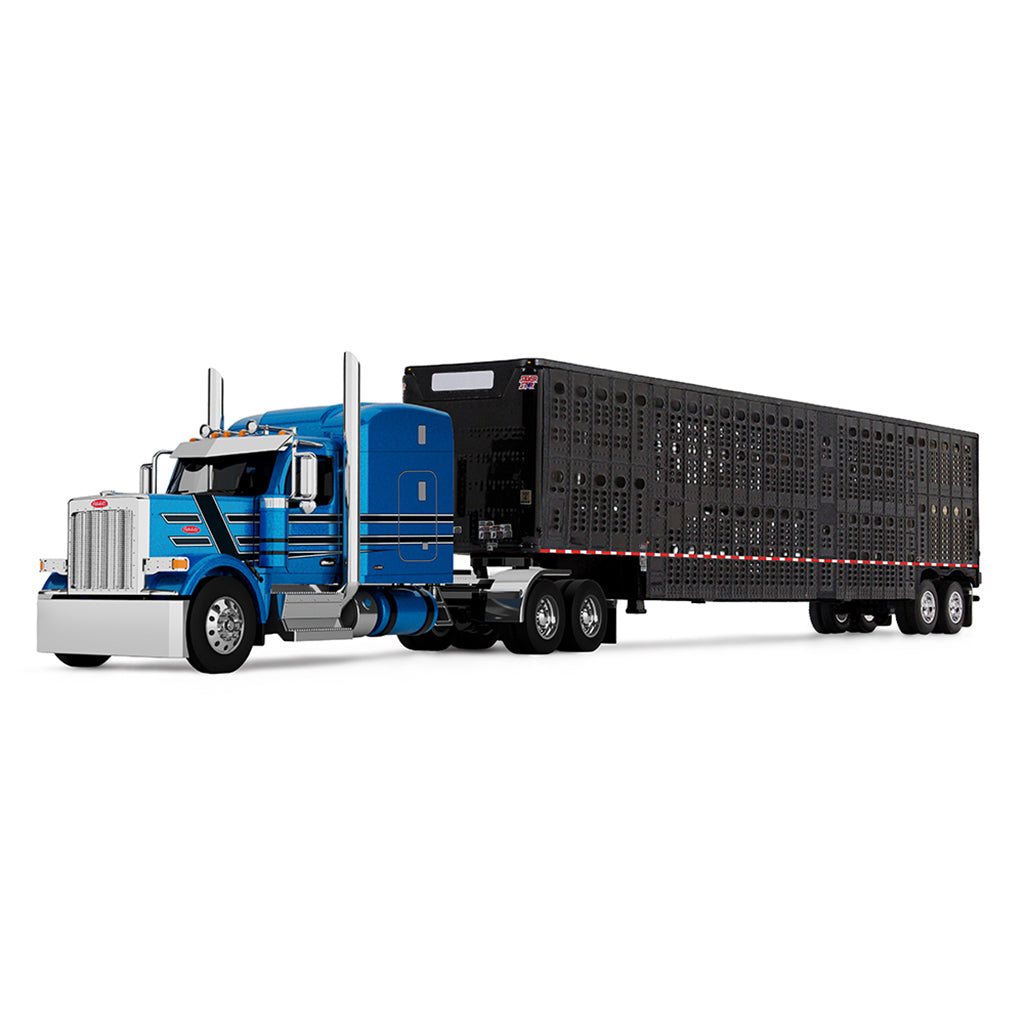 Blue model of a Peterbilt 589 with a black Wilson Silverstar livestock trailer on a white background