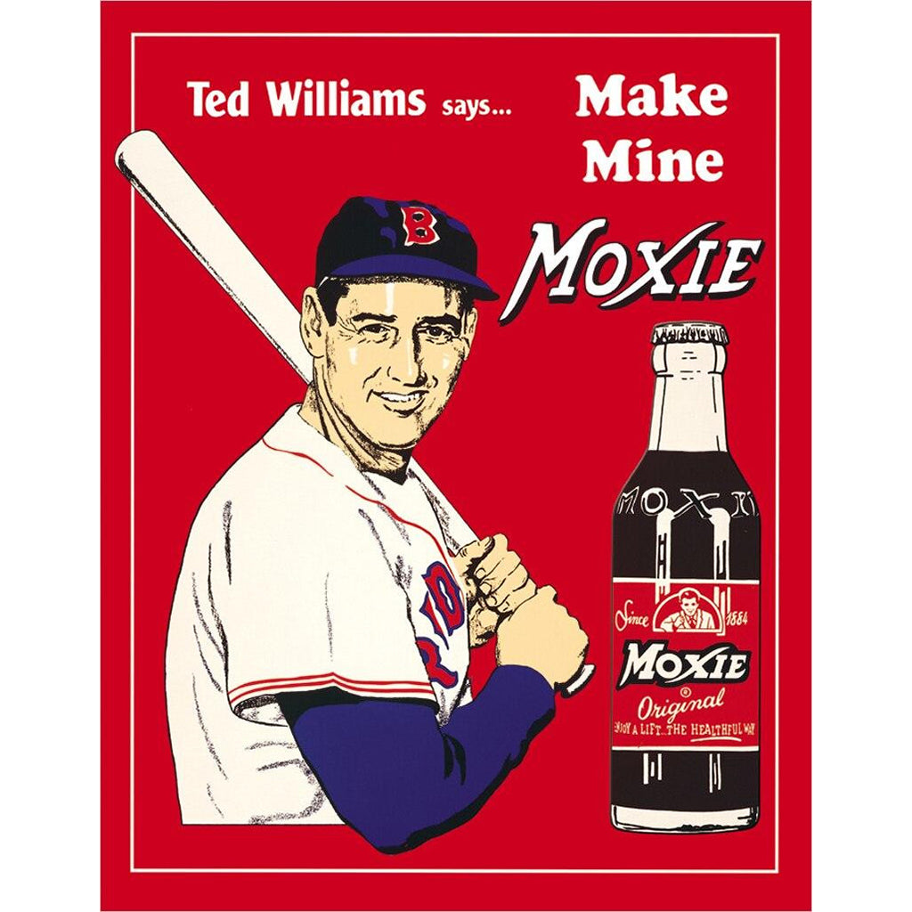Vintage-style advertisement featuring a baseball player and Moxie bottle on a red background.