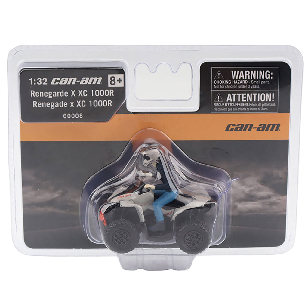 Model of a Can-Am Renegade X XC 1000R in packaging with warning label.