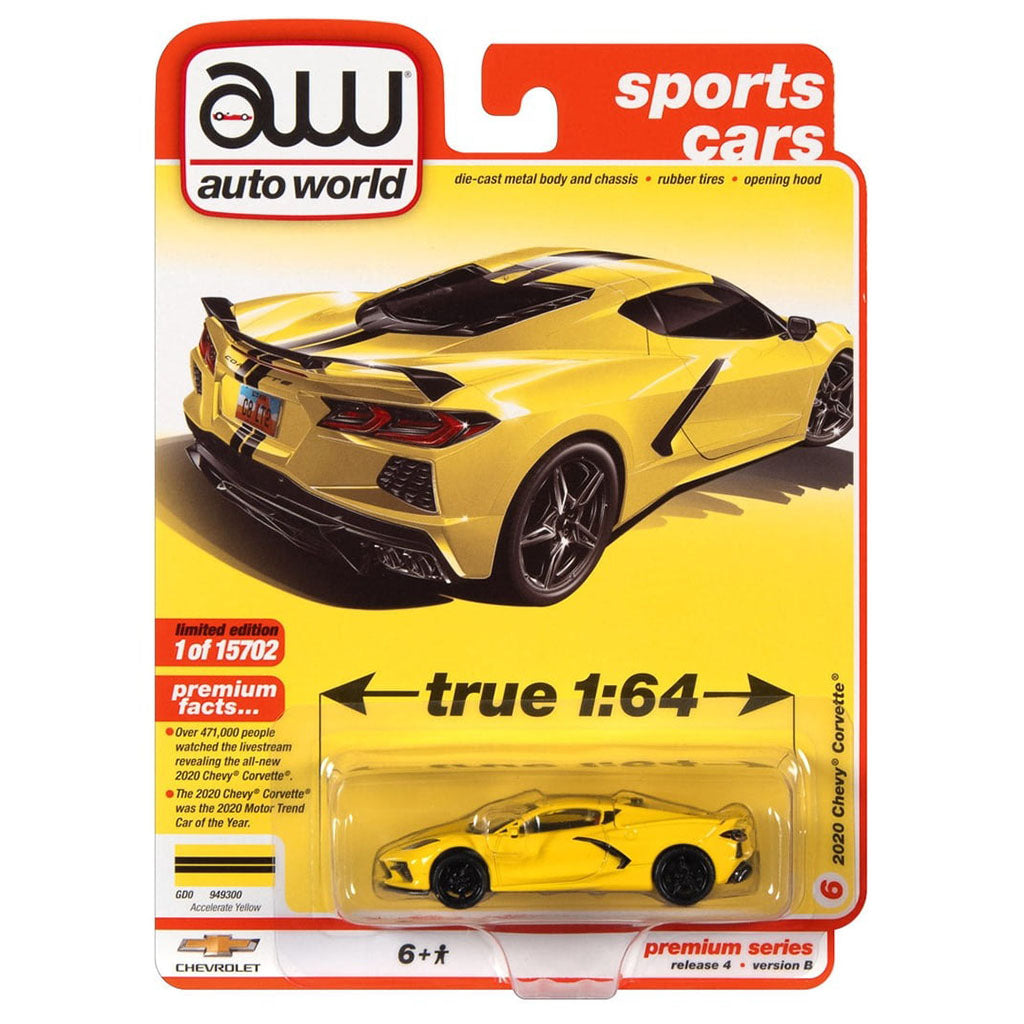 Yellow sports car in packaging with Auto World branding