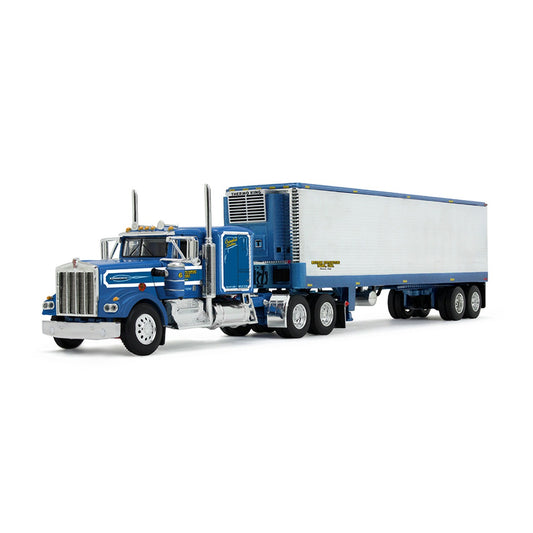 Model of a blue and white truck with a trailer on a white background