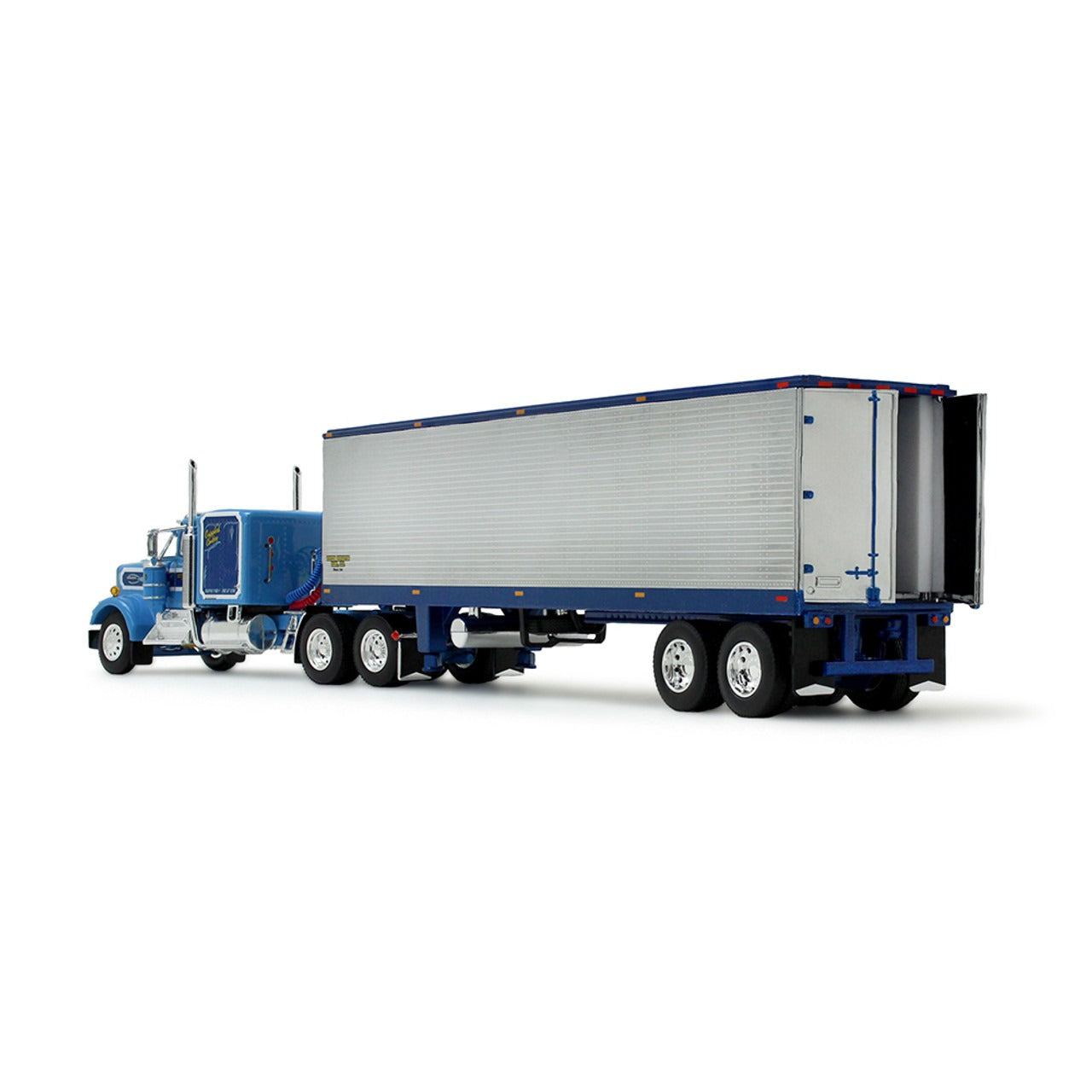 Blue and silver truck with a trailer on a white background