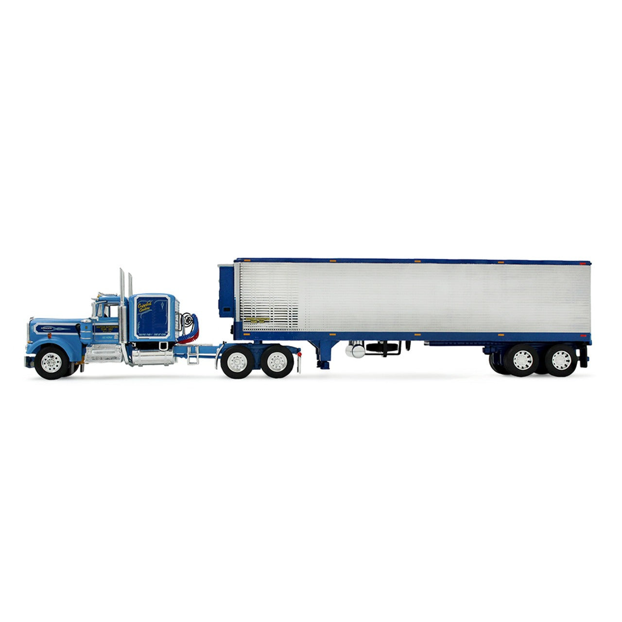 Model of a blue and white truck with a trailer on a white background