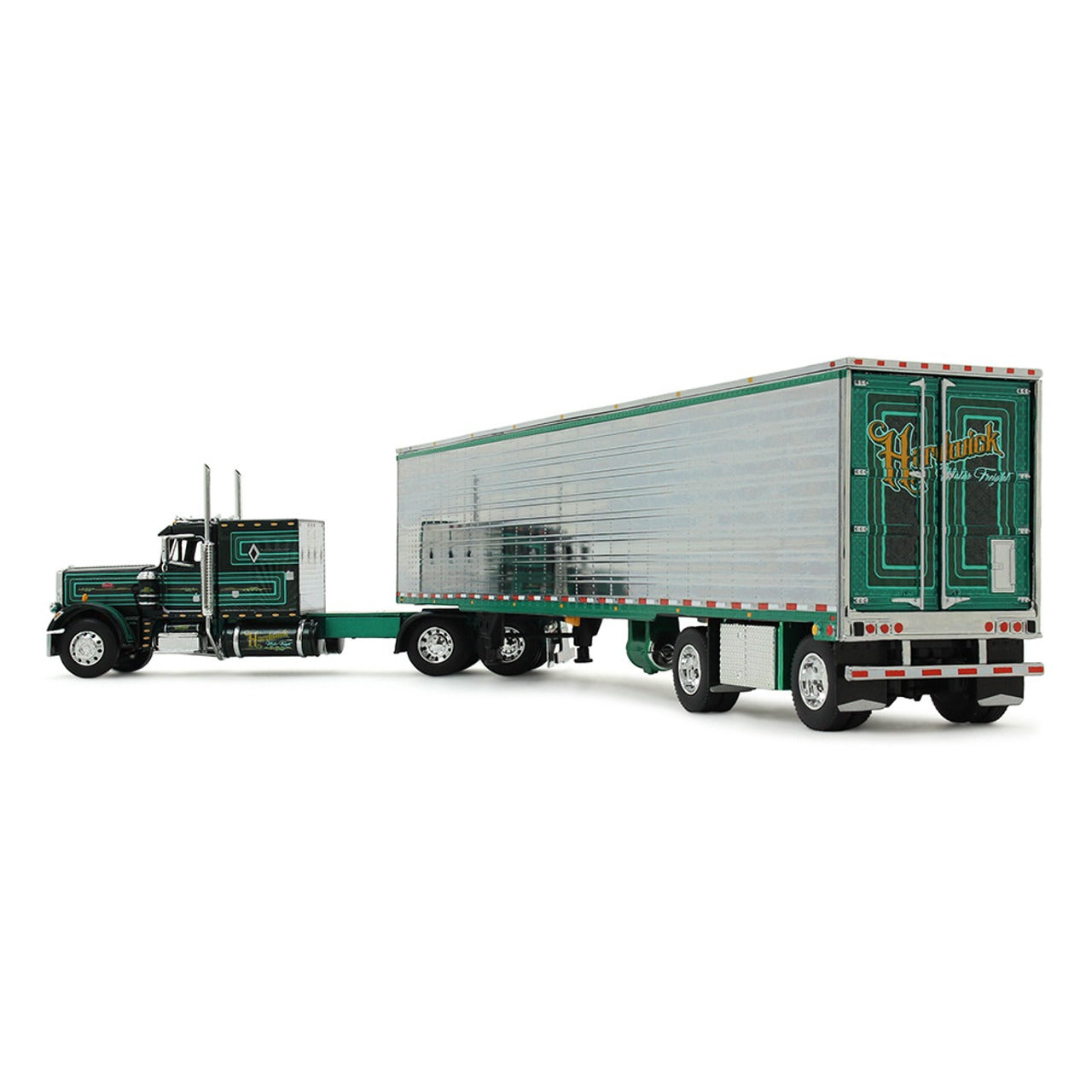 Model of a green and silver truck with a trailer on a white background