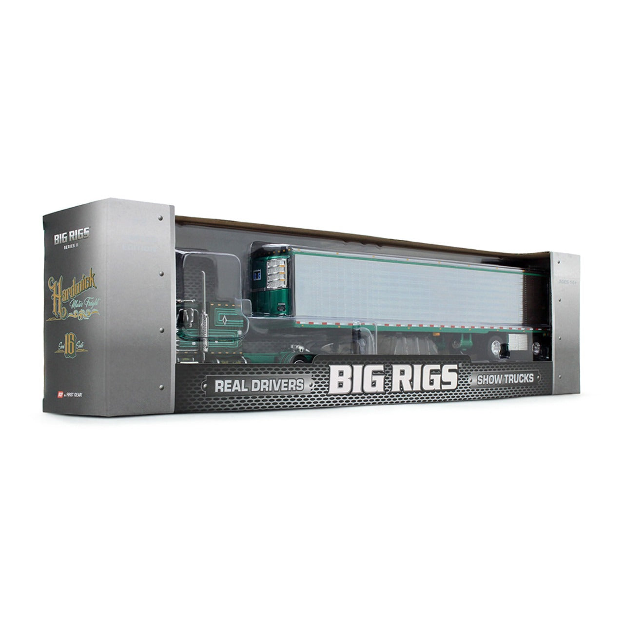 Model of a big rig truck in a display case with 'Big Rigs' branding.