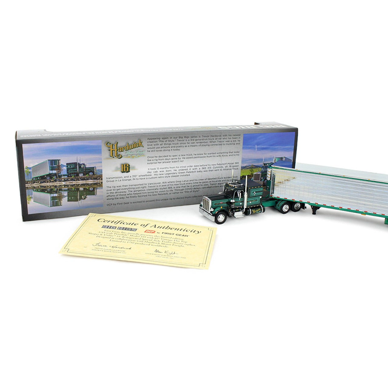 Model truck with trailer and certificate of authenticity on a white background