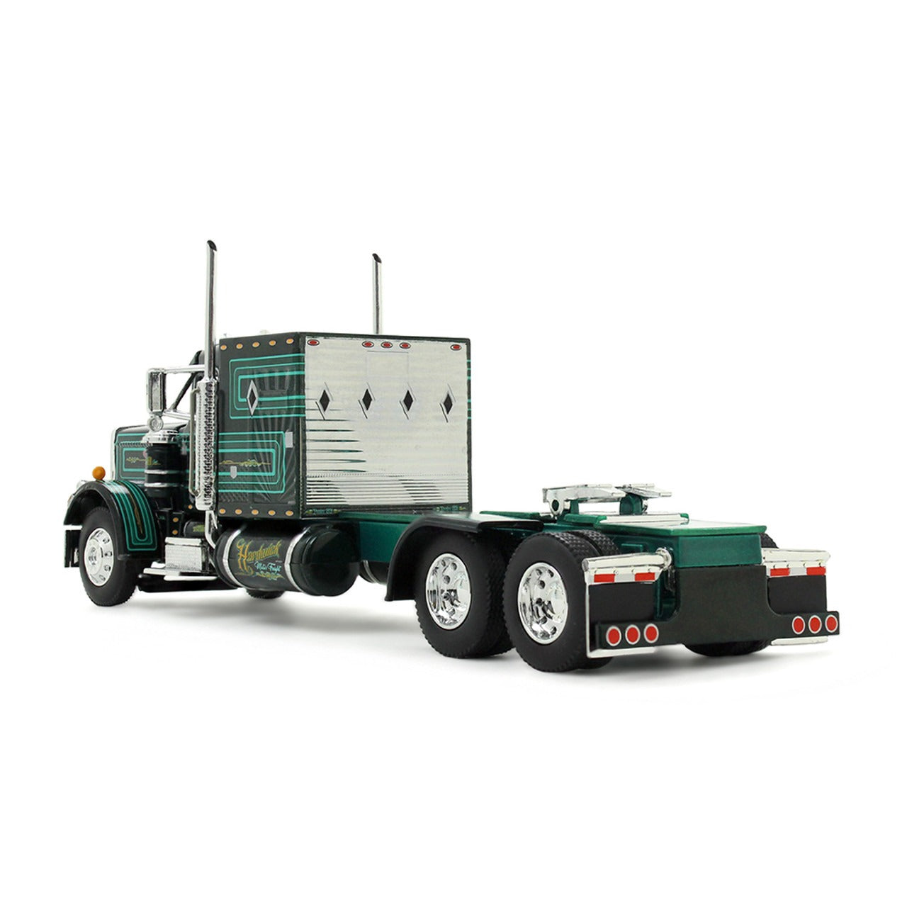 Model of a green and black truck on a white background