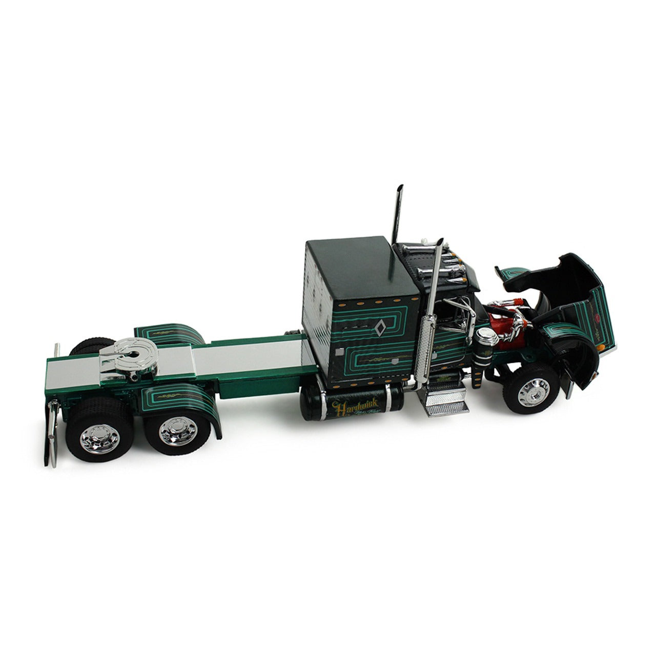 Model of a green and black truck on a white background