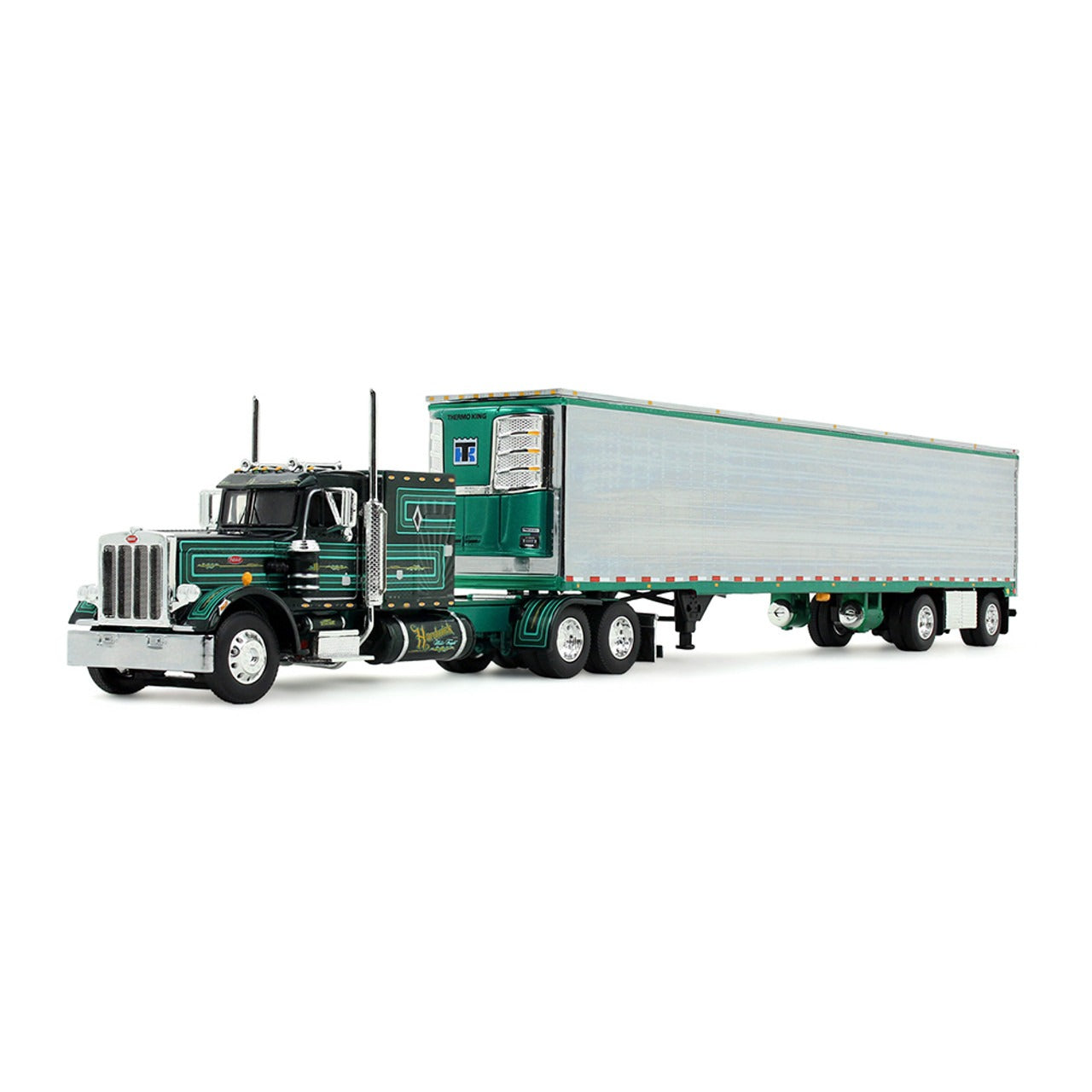 Model of a green semi-truck with trailer on a white background