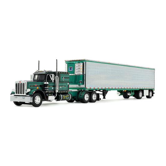 Model of a green semi-truck with trailer on a white background