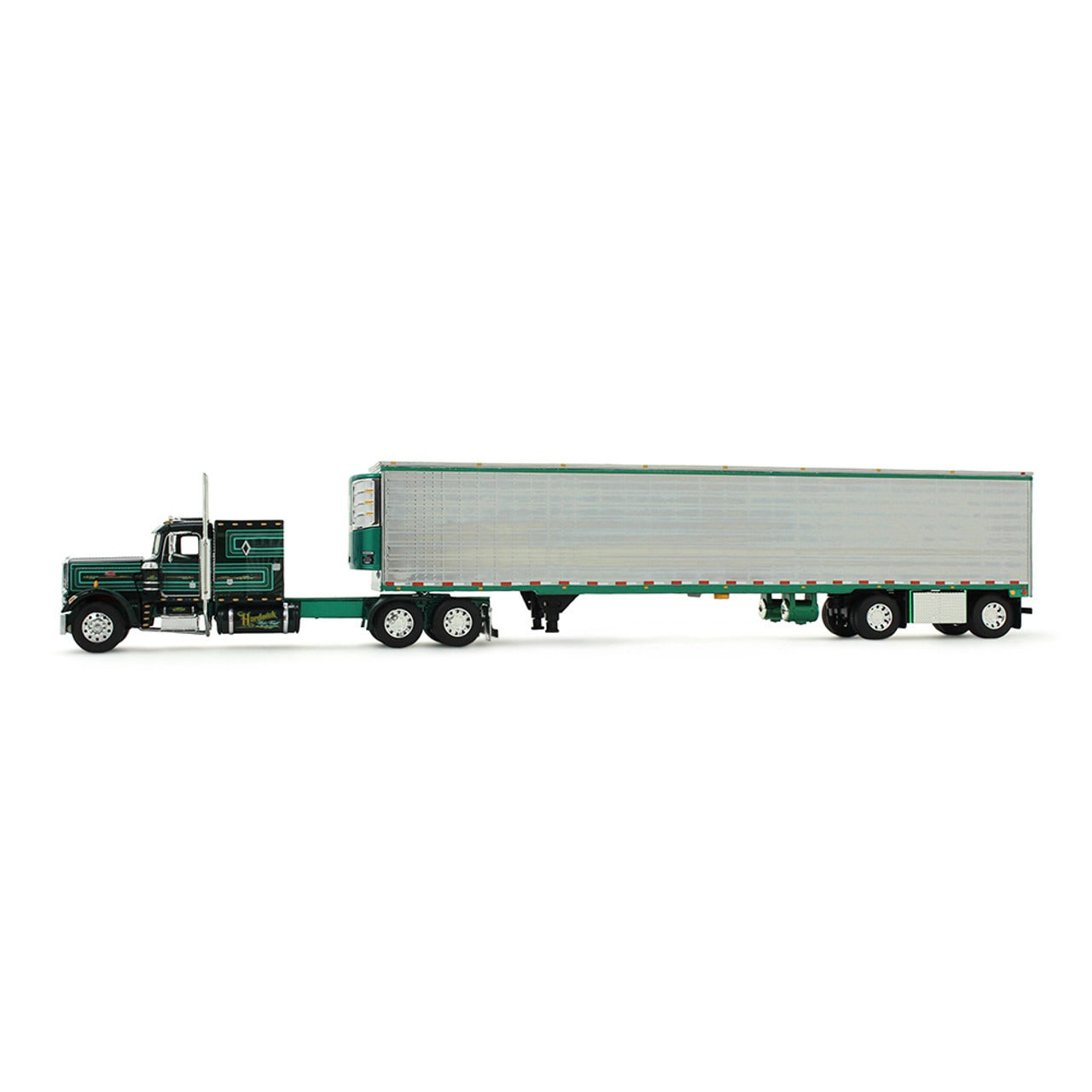 Model truck with a green cab and silver trailer on a white background