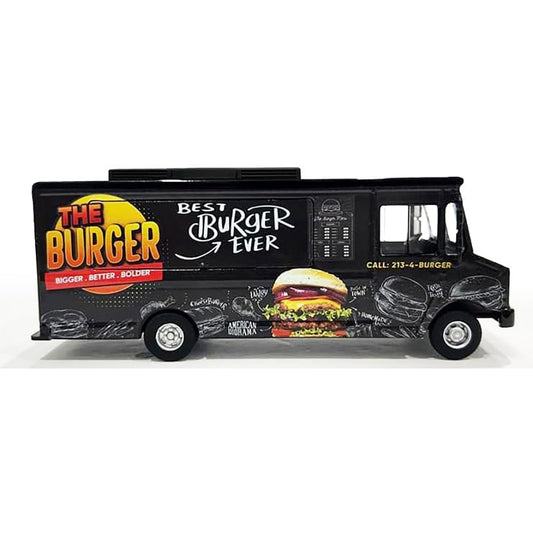 Model of a burger truck with branding and graphics on a white background