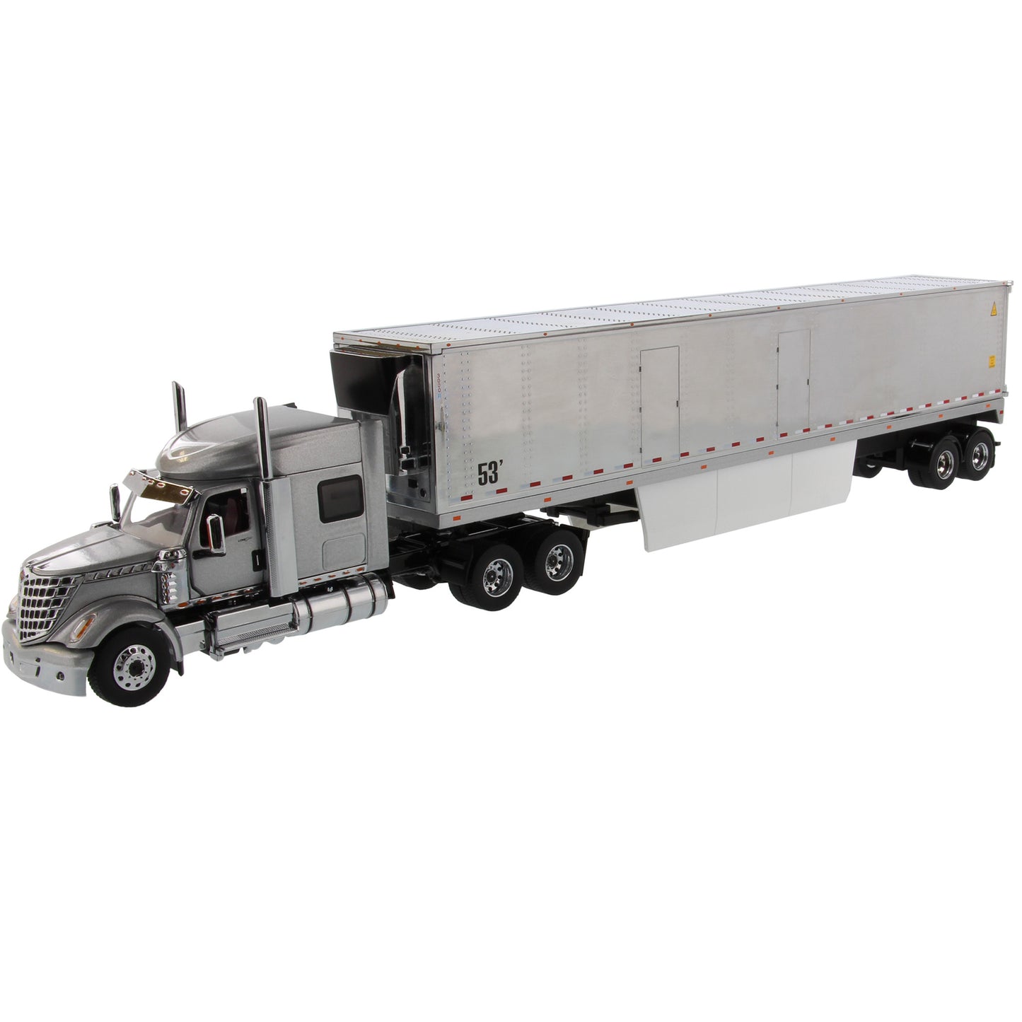 A detailed model of a silver semi-truck cab with a matching silver box trailer, shown from a three-quarters perspective on a solid white background.