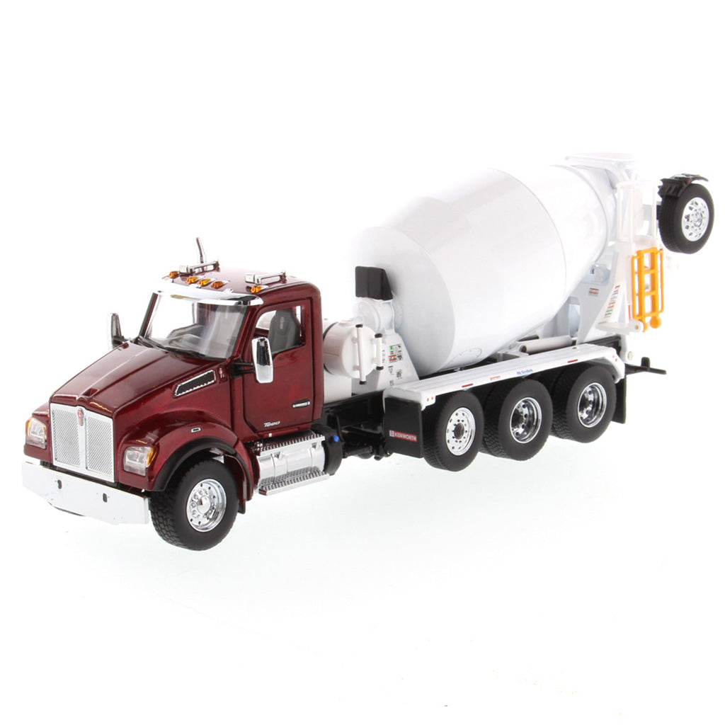 Model of a Red & White Kenworth T880 Concrete Ready-Mix Truck with McNeilus Bridgemaster Concrete Mixer Body on a White Background