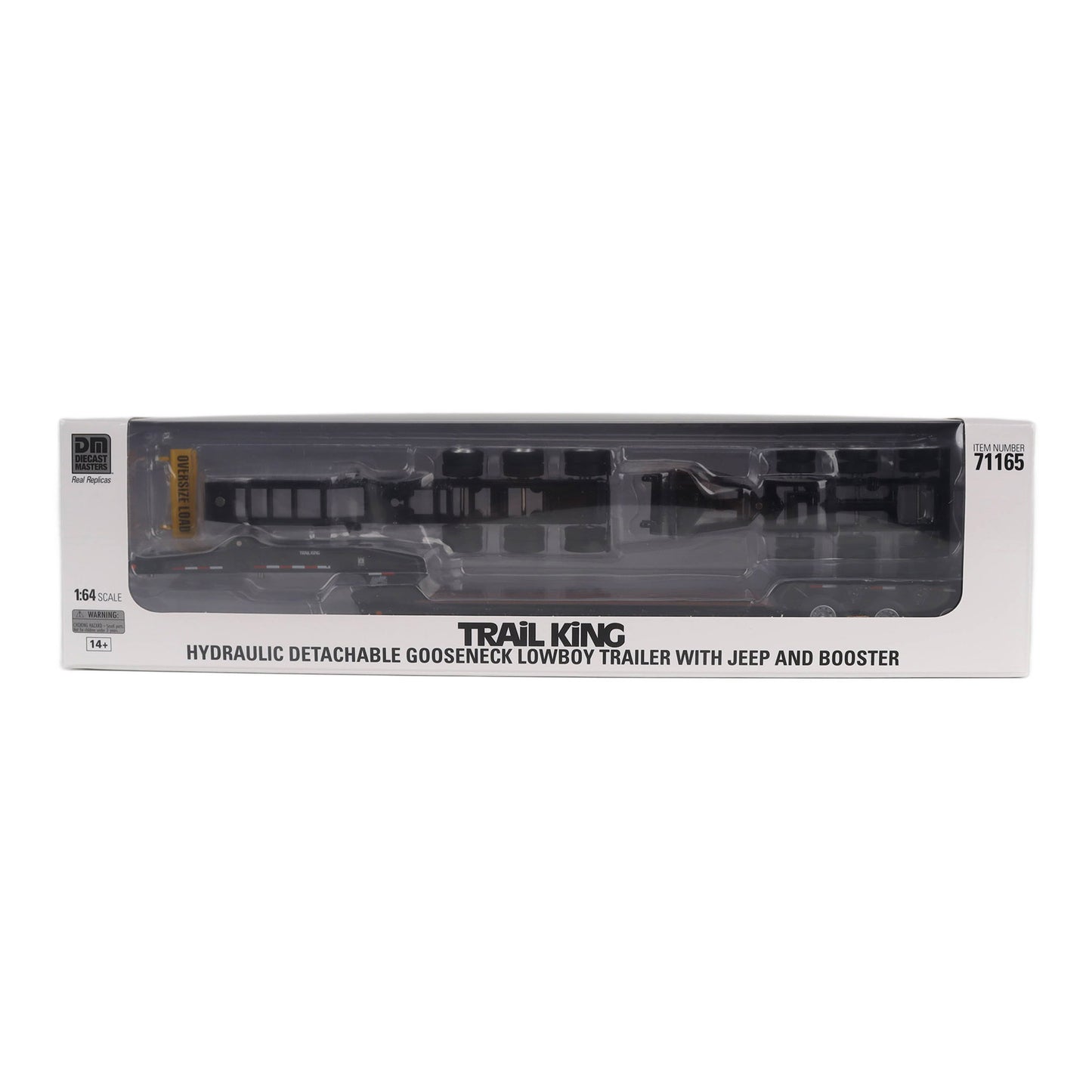 Trail King TK170 Lowboy in its original packaging, featuring a black hydraulic detachable gooseneck lowboy trailer with a Jeep and booster.