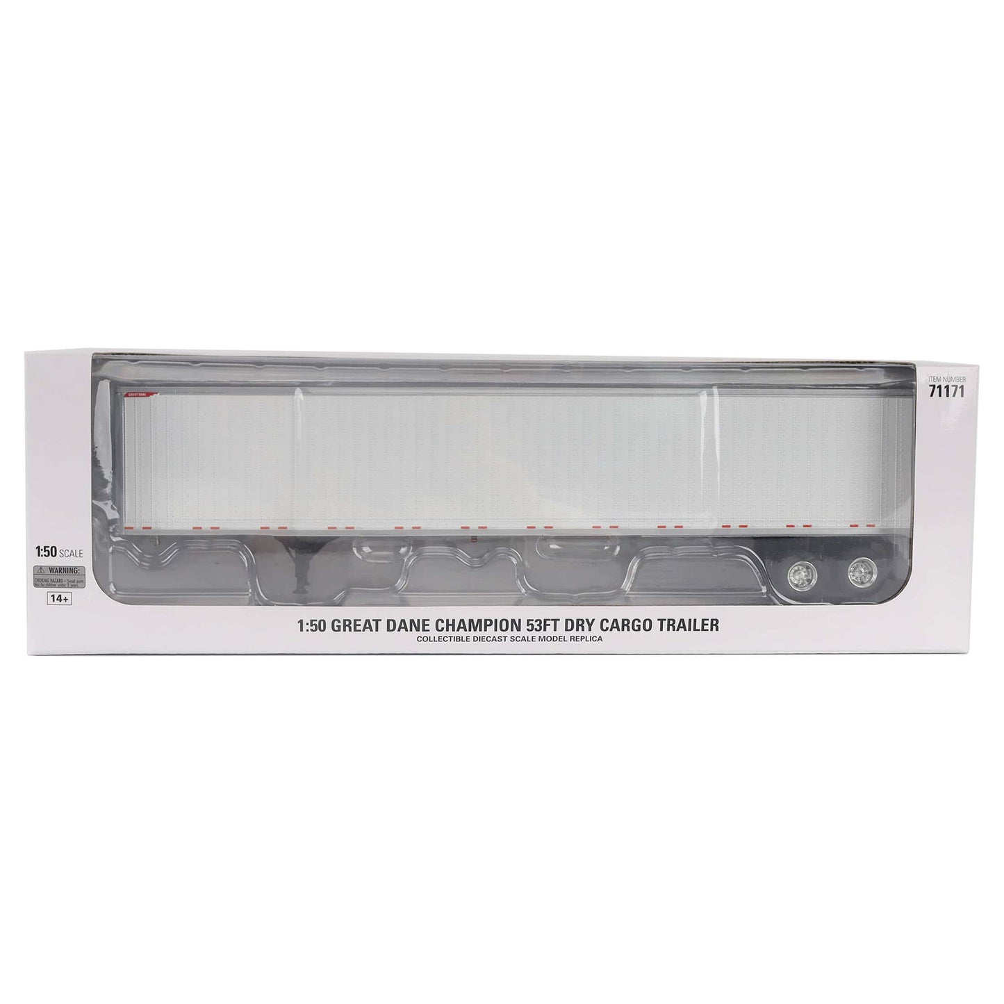 1:50th Scale Diecast Model of a 53 foot Great Dane Champion Dry Goods Van Trailer in Packaging Photographed on a White Background