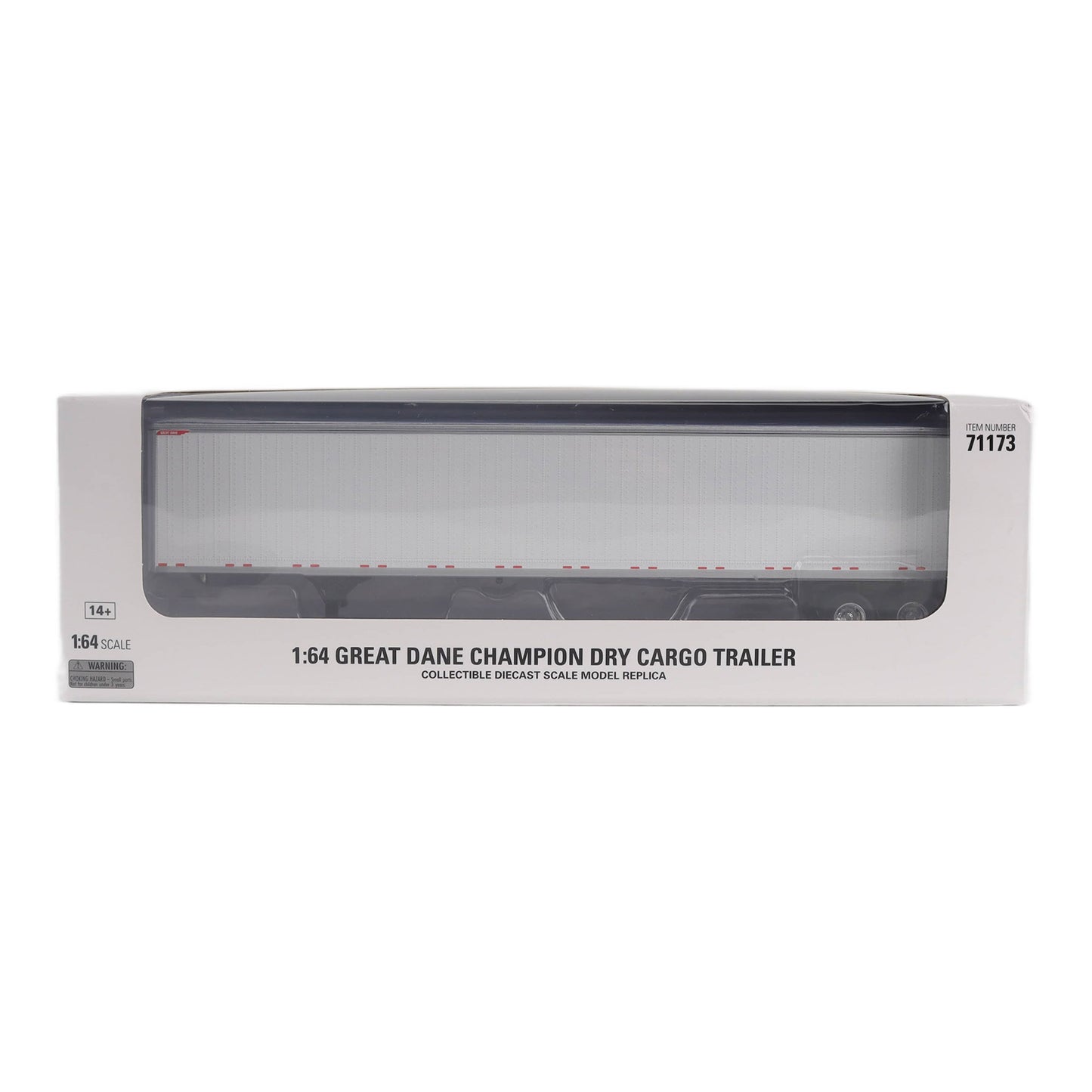 A 1:64 scale model dry cargo trailer replica in its original white packaging box, featuring a clear window view of the model inside.