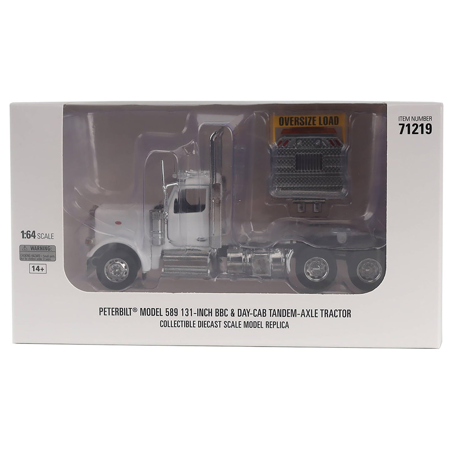 Peterbilt Model 589 131-inch BBC & Day Cab Tandem-Axle Tractor diecast scale model replica in its original white packaging box.