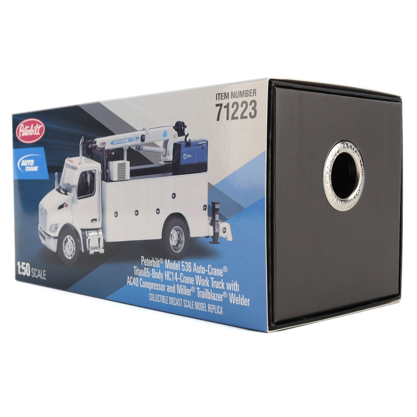 Packaged 1:50 scale model of a Peerbilt Model 536 Auto-Crane Titan85 Body HC14 Crane Work Truck, shown in its original retail box with a cutout window on the side.