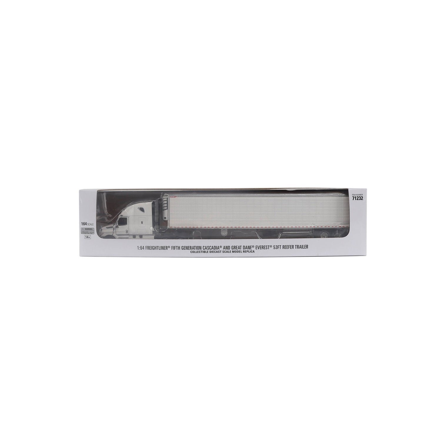 Model of a 5th Gen Freightliner Cascadia with 53' Great Dane Everest Reefer Trailer in packaging on a White Background