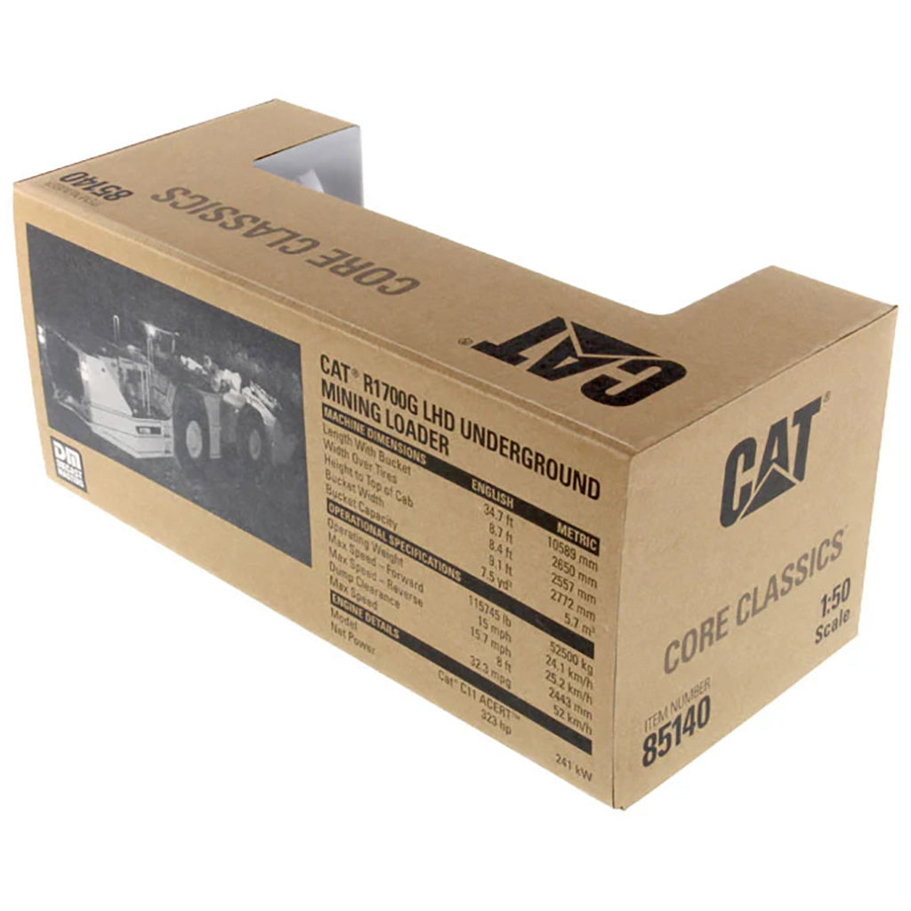 Cardboard box with Caterpillar logo and model details on a white background
