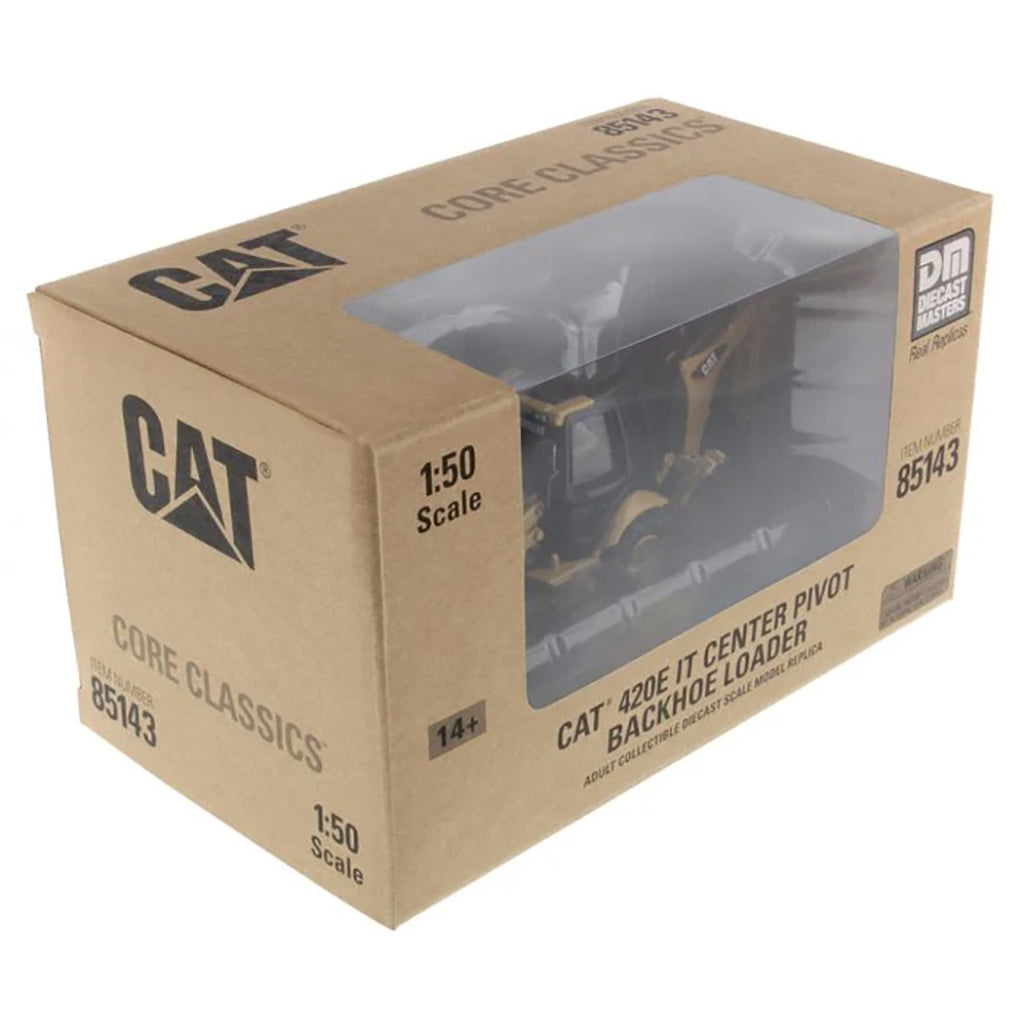 Model of a Caterpillar 420E IT Backhoe Loader in Brown Cardboard Window Box Packaging on a White Background