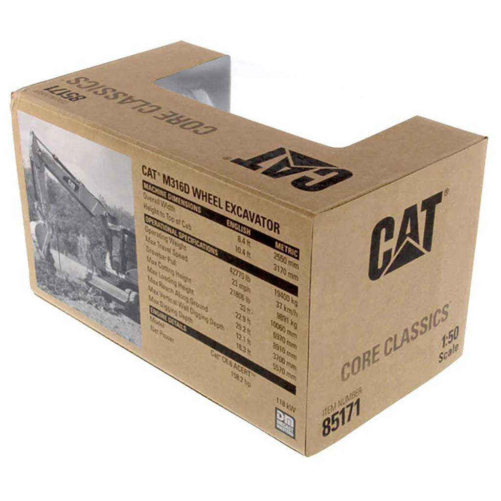 Model of a Caterpillar M316D Wheeled Hydraulic Excavator in Brown Cardboard Window Box Packaging on a White Background