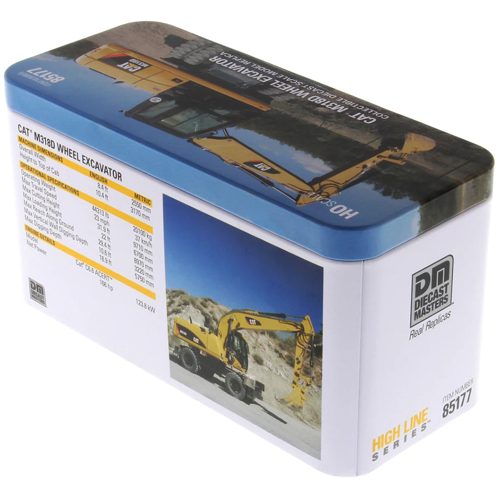Model of a Caterpillar M318D Wheeled Excavator in Tin Box Packaging on a White Background