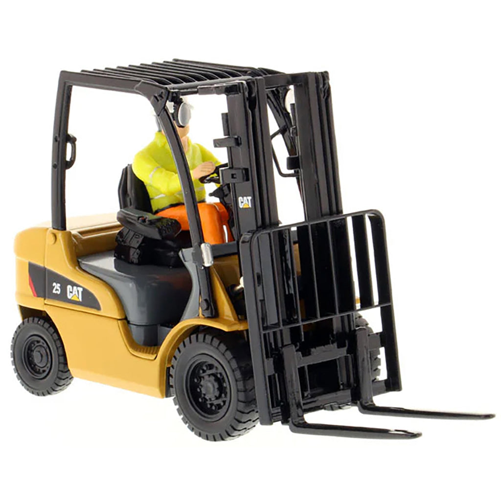 Model of a forklift with a driver figure on a white background