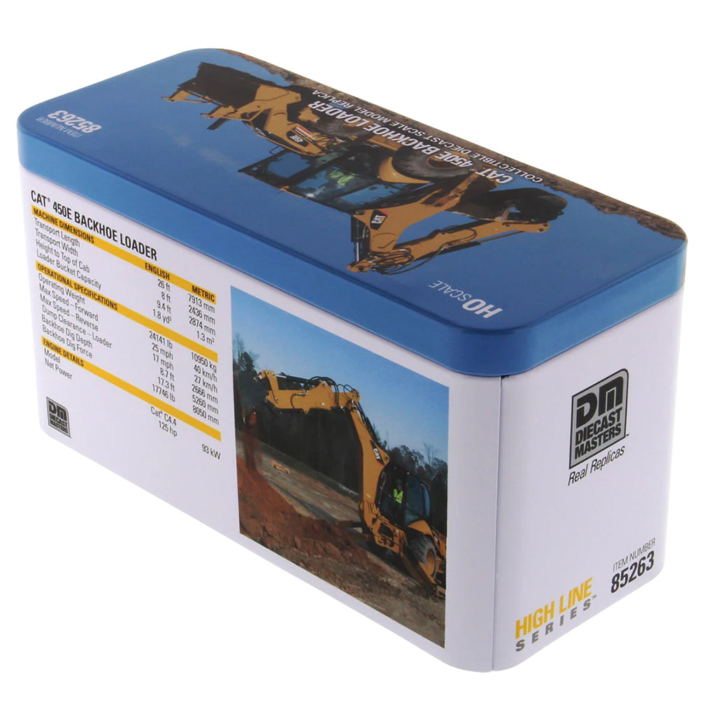Model of a Caterpillar 450E Backhoe Loader in Tin Box Packaging on a White Background