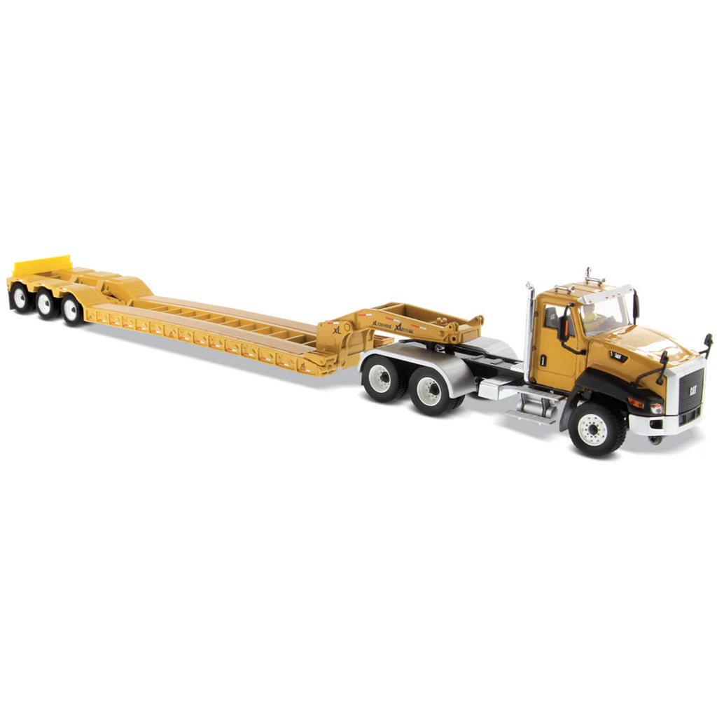 Model of a yellow truck with a flatbed trailer on a white background