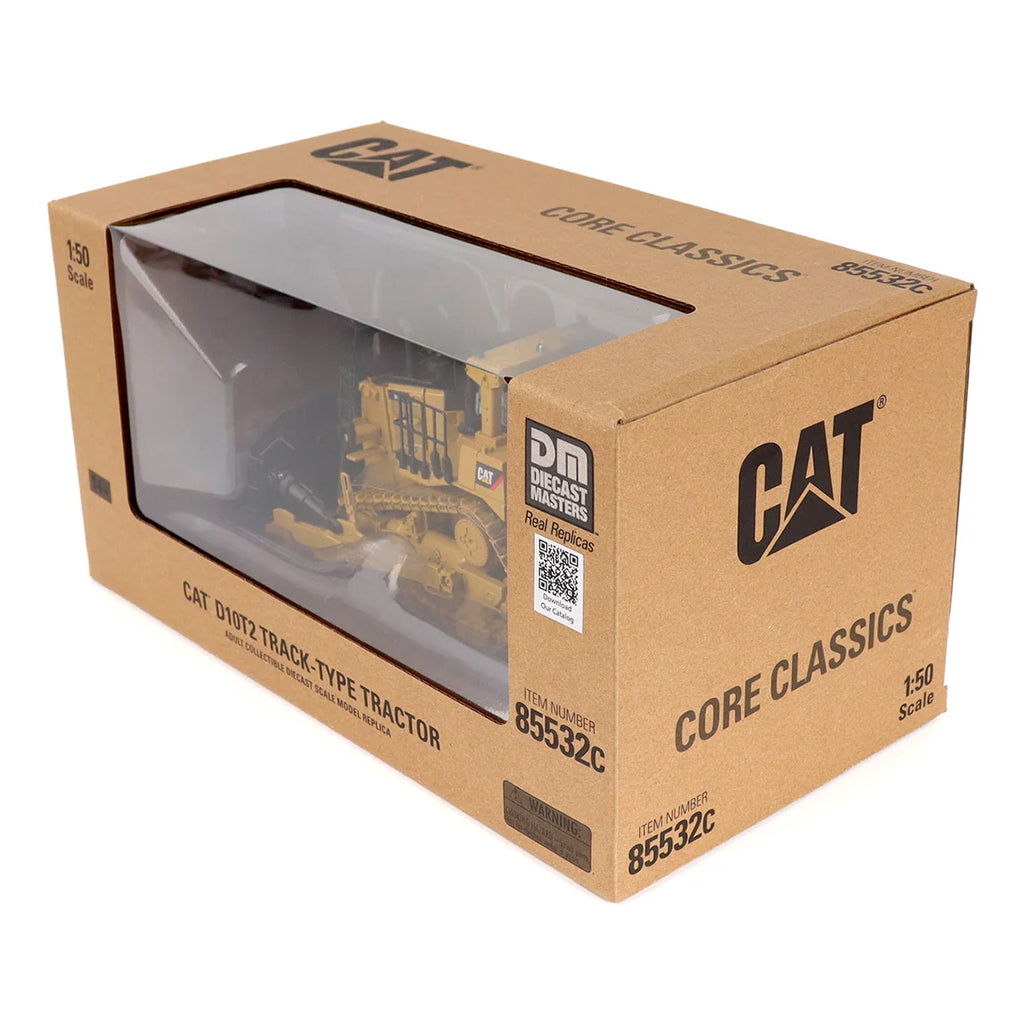 Model of a Caterpillar D10T2 Track Type Dozer with Rear Ripper on a White Background