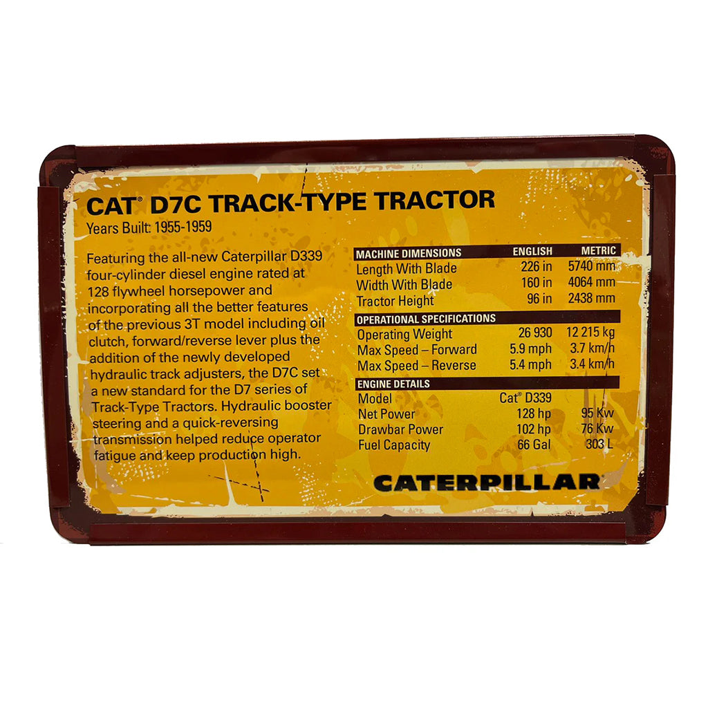 Caterpillar D7C Track-Type Tractor information card with specifications on a yellow background