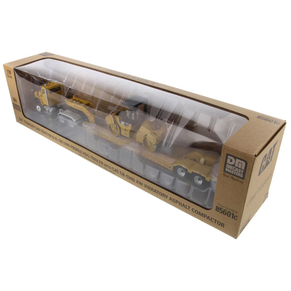 Model of a Caterpillar CT660 Day Cab w/XL Specialized Trailers XL120 Low-Profile HDG Lowboy Trailer (Yellow) Hauling a CAT CB-534D XW Vibratory Compactor in Brown Cardboard Window Box on a White Background
