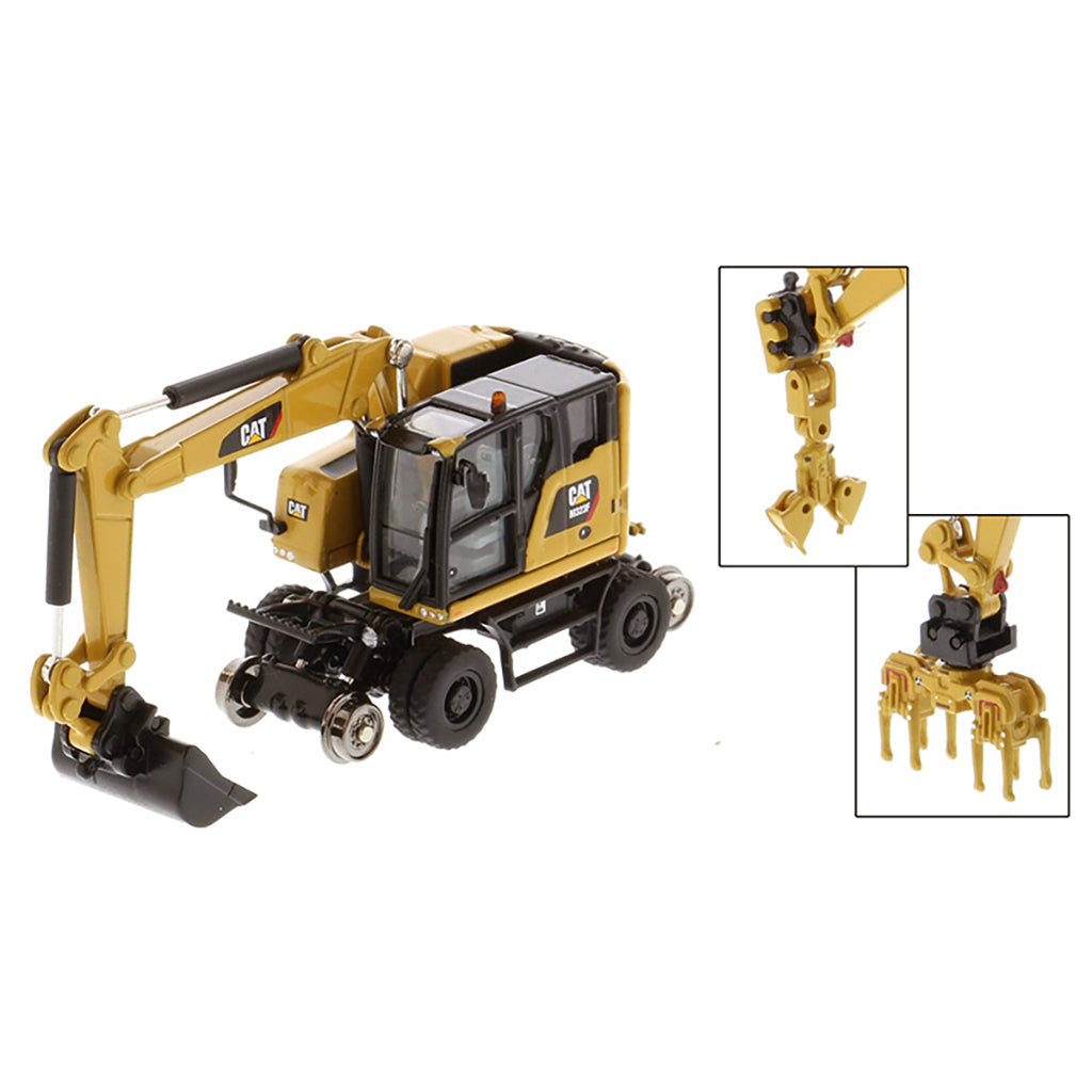 Model of a CAT Yellow Caterpillar M323F Railroad Wheeled Excavator on a White Background