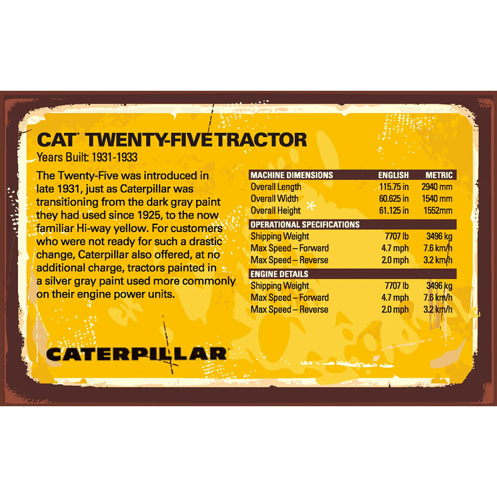 Caterpillar Twenty-Five Tractor informational card with text and specifications on a yellow background.