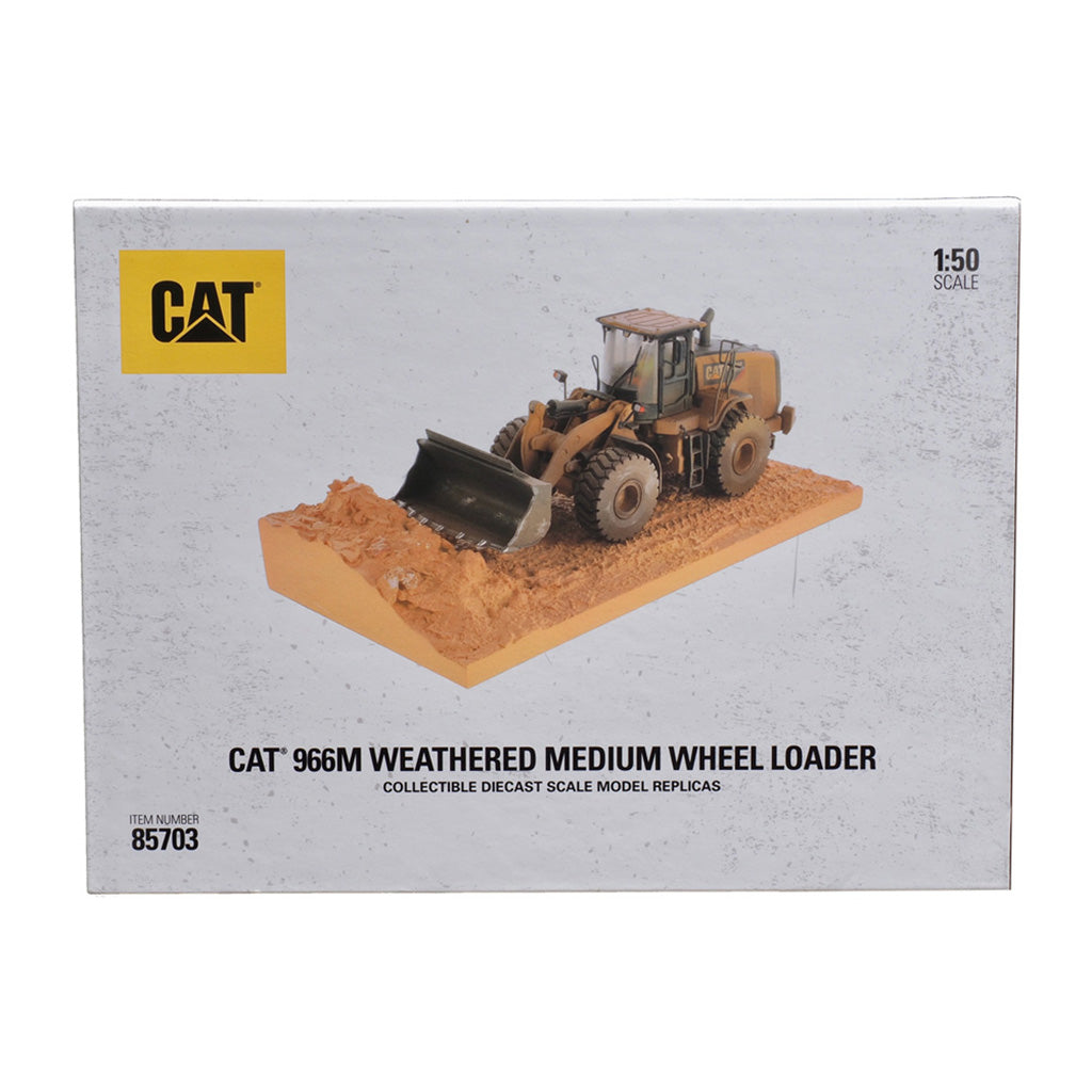 CAT 966M Weathered Medium Wheel Loader collectible diecast scale model replica box, 1:50 scale, on a white background.