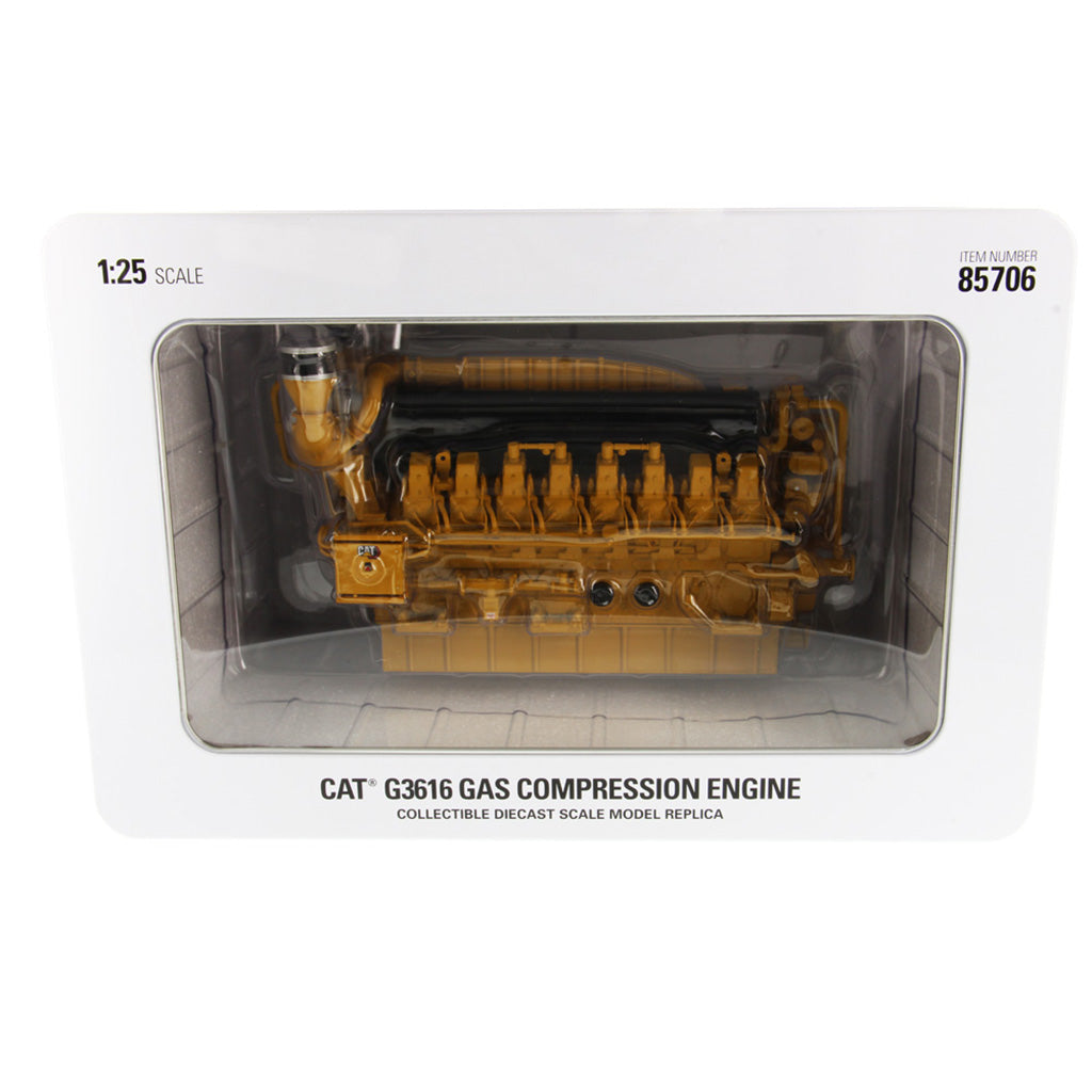 A 1:25 scale collectible diecast model replica of a CAT G3616 gas compression engine, shown inside its original white window box packaging.