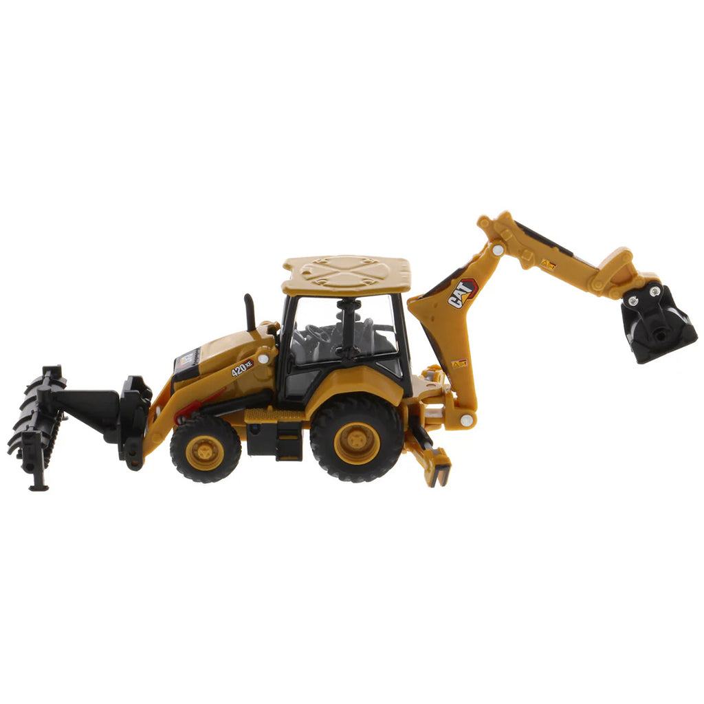 Toy backhoe loader with black and yellow colors on a white background