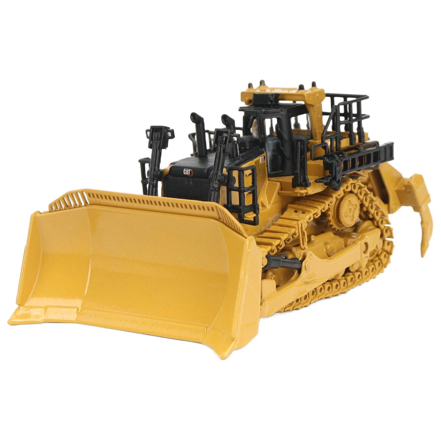1:87th Scale Diecast Model of a Caterpillar D11 Dozer with Rear Ripper on a White Background