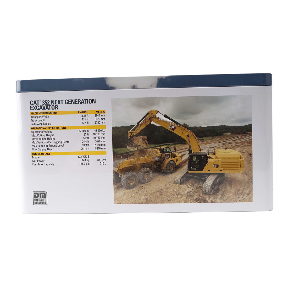 Metal Tin Box with CAT Branding and Full Color Images of a Construction Site Scene and Technical Specs on a White Background