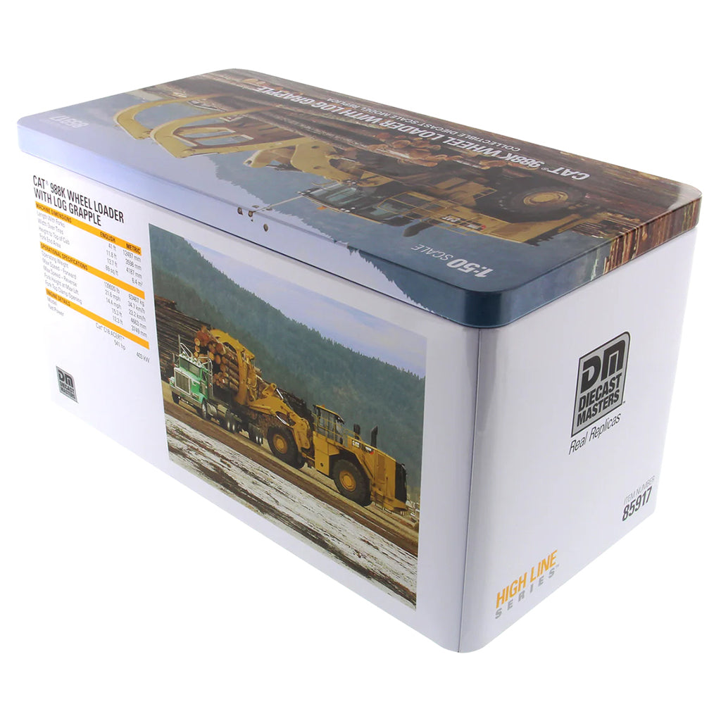 Boxed model of a Caterpillar 988K wheel loader with log grapple on a white background
